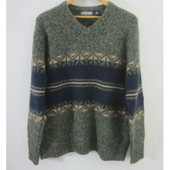 Structure Other - Vtg Structure Sweater Mens Green Tan Shetland Wool V Neck Fair Isle Sweater Med